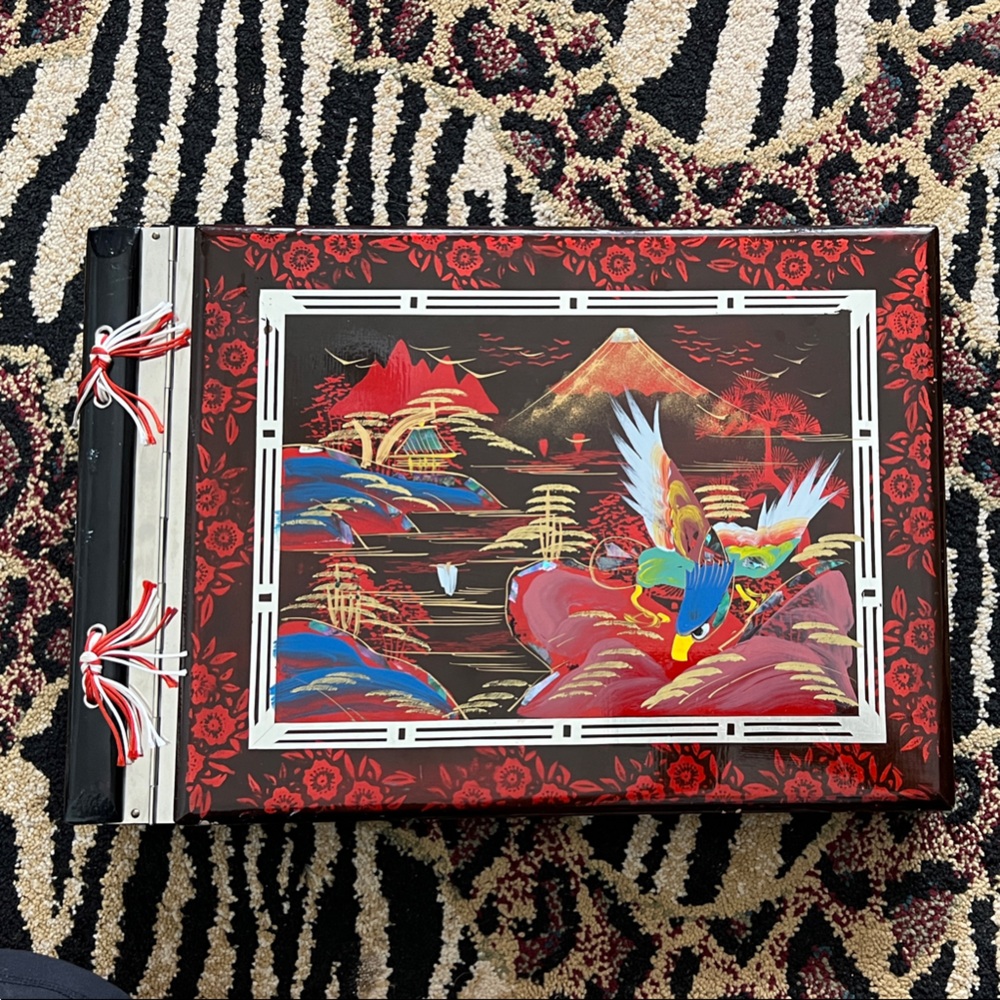 Vintage Japanese Black Lacquer Hand Painted Musical Scrapbook Photo Album